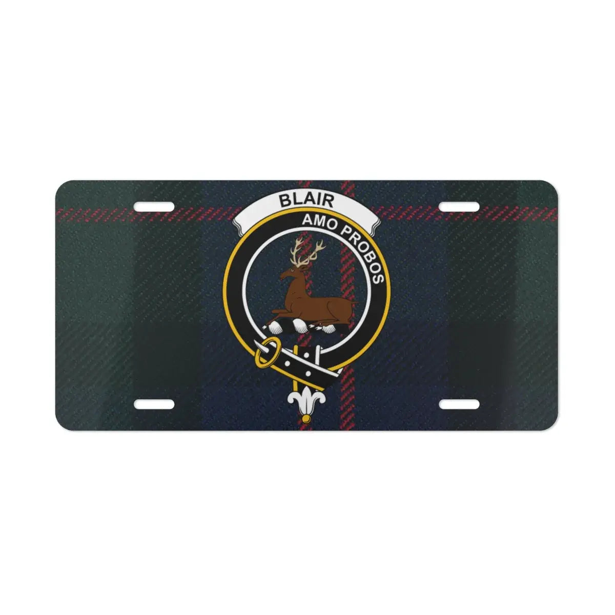 Blair Amo Probos family crest novelty license plate — clan crest and tartan on 12x6 aluminium