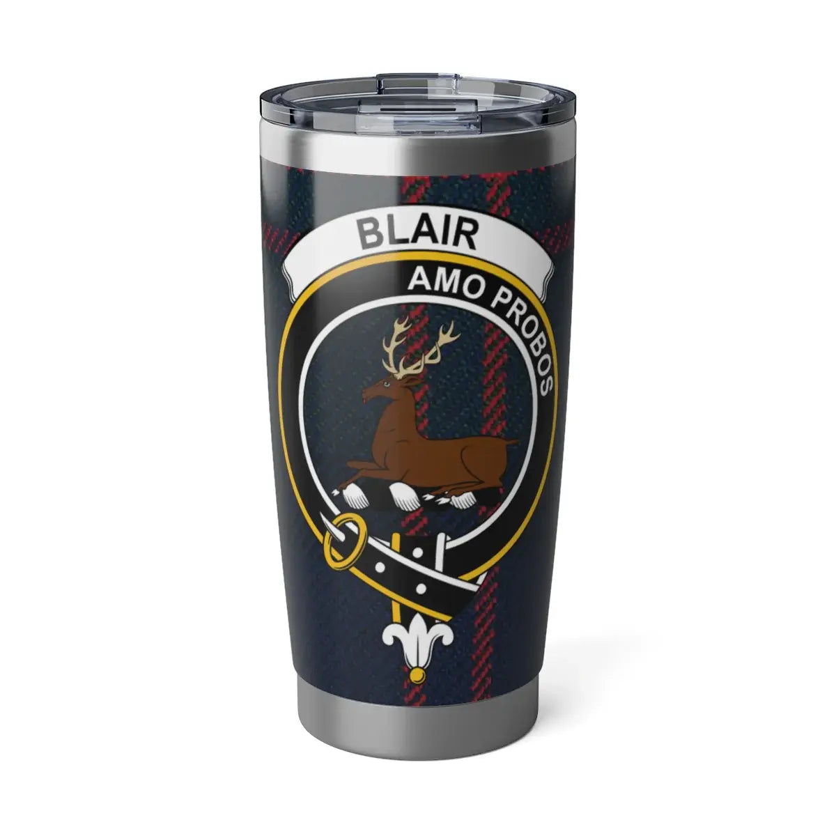 Clan Blair tartan crest 20oz stainless steel tumbler — Amo Probos design, silver double-wall insulated