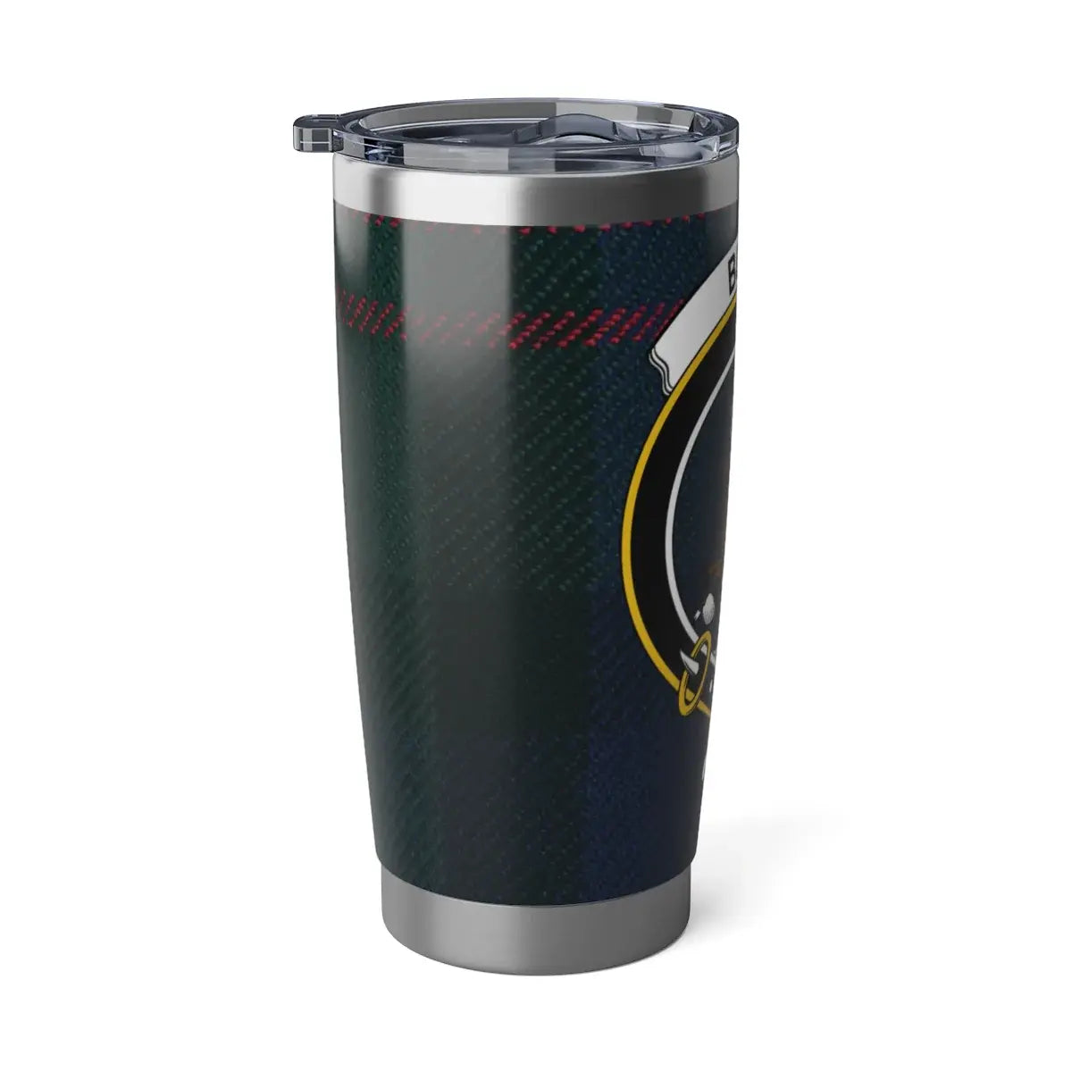 Blair tartan travel tumbler in car holder — 20oz stainless steel, clan crest, hot and cold drinks