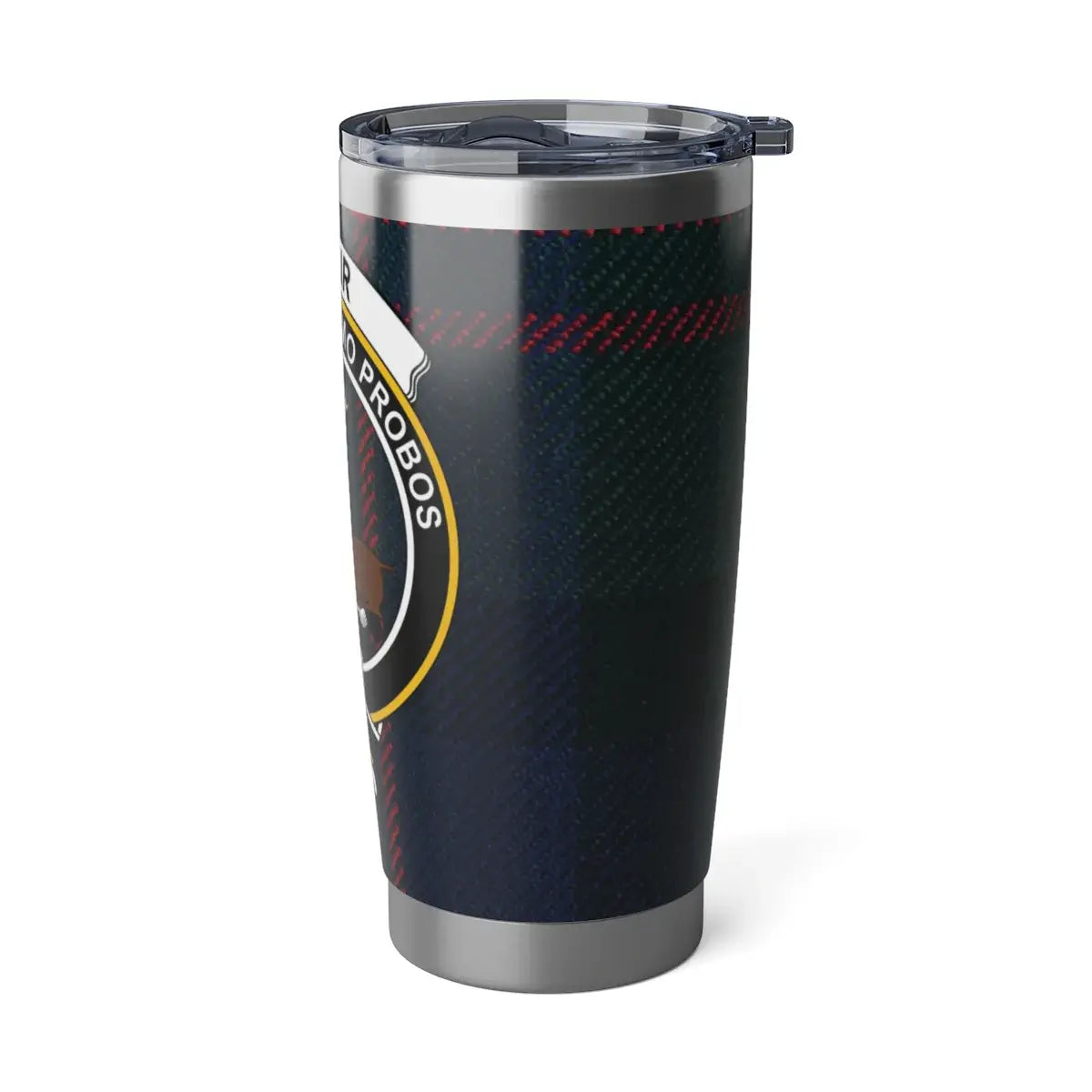 Blair clan crest tartan tumbler closeup — full-colour wrap print on 20oz double-wall stainless steel
