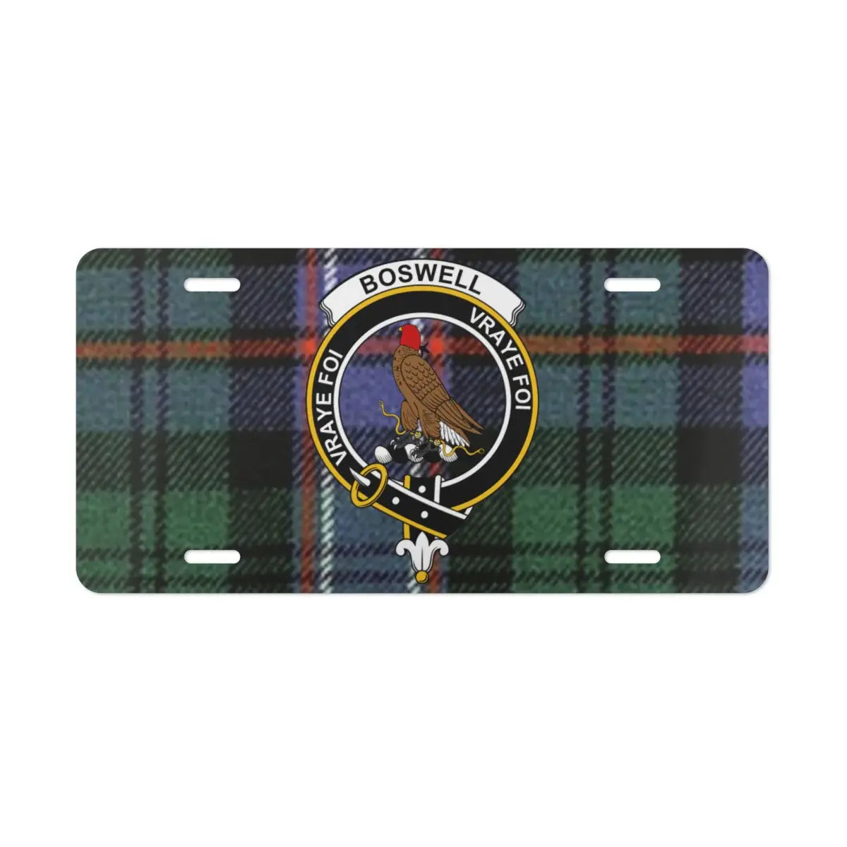 Boswell clan crest tartan license plate — vraye foi motto design
