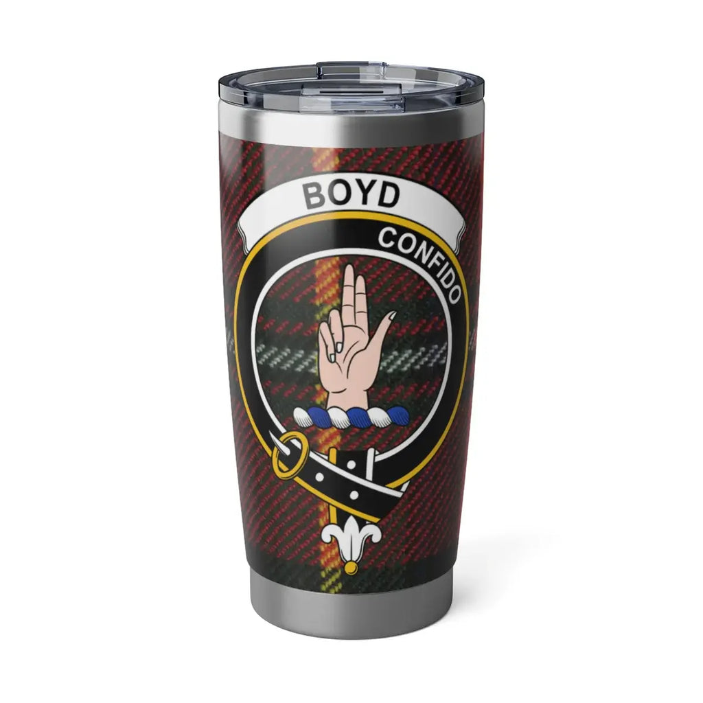 Boyd clan tartan 20oz tumbler in silver — stainless steel with clan crest and red-green tartan