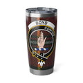 Boyd clan tartan 20oz tumbler in silver — stainless steel with clan crest and red-green tartan