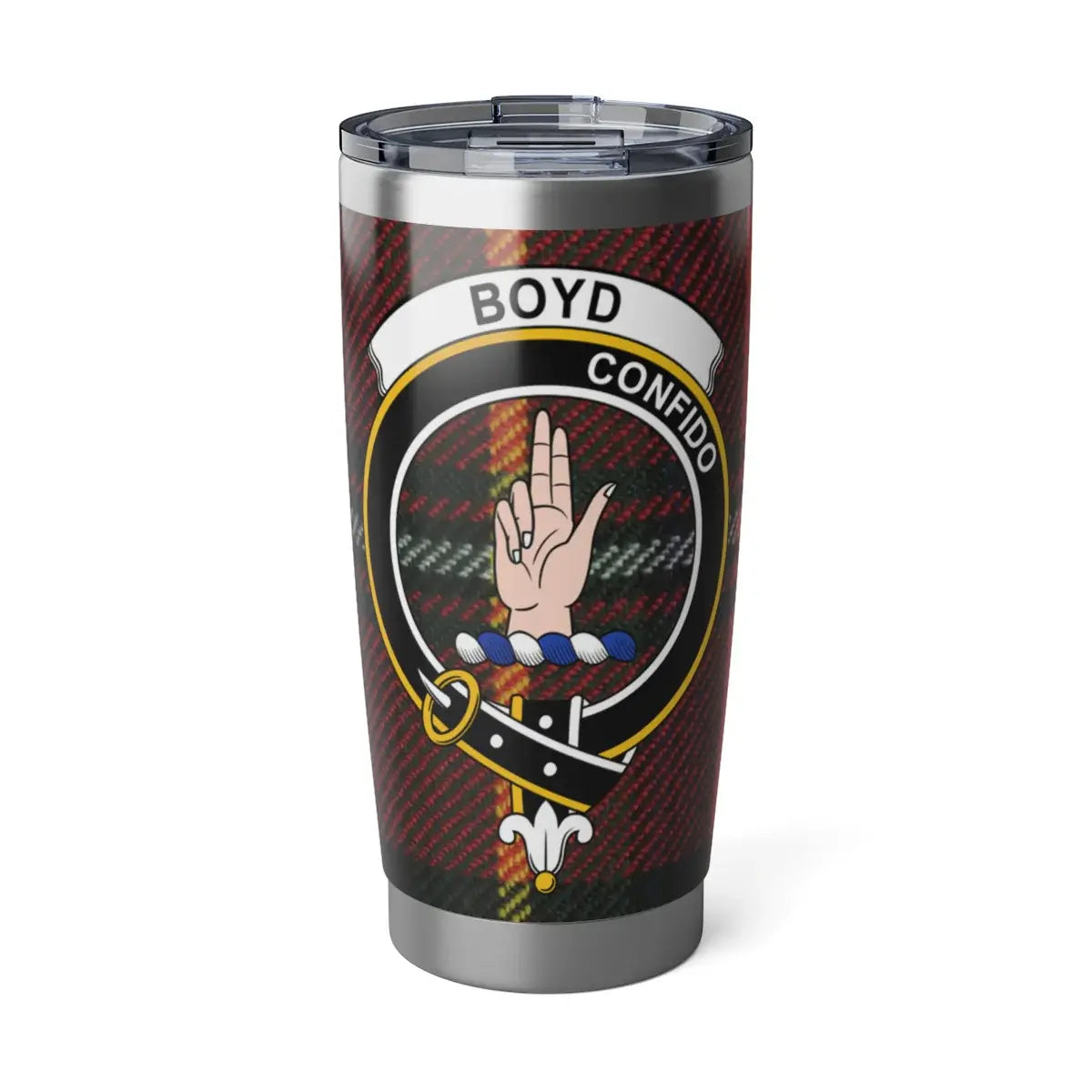 Boyd clan tartan 20oz tumbler in silver — stainless steel with clan crest and red-green tartan