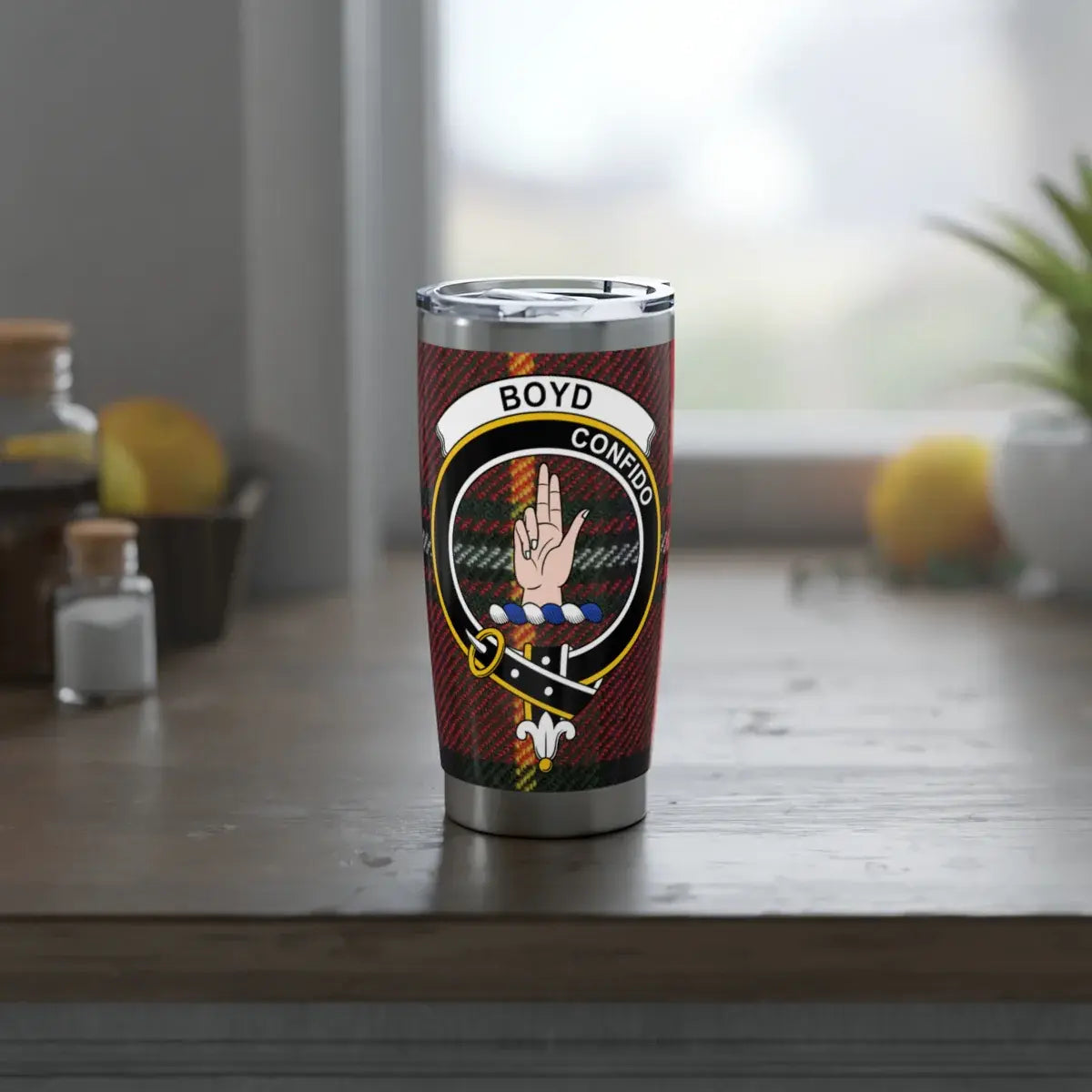 Boyd tartan tumbler top view — 20oz double-wall stainless steel, sliding lid seal