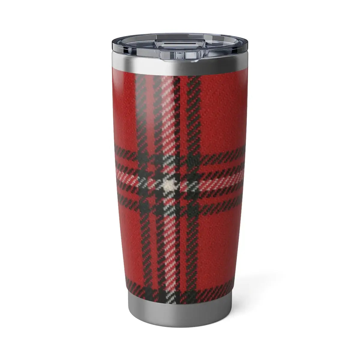 Boyd clan crest tumbler held in hand — full tartan wrap and Confido design at travel size