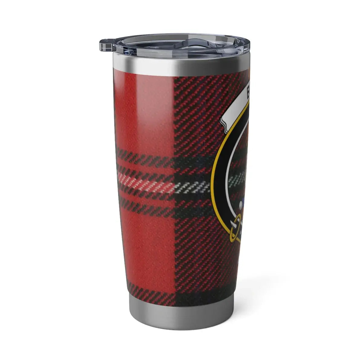 Boyd Confido tartan tumbler side profile — stainless steel with red and green plaid crest