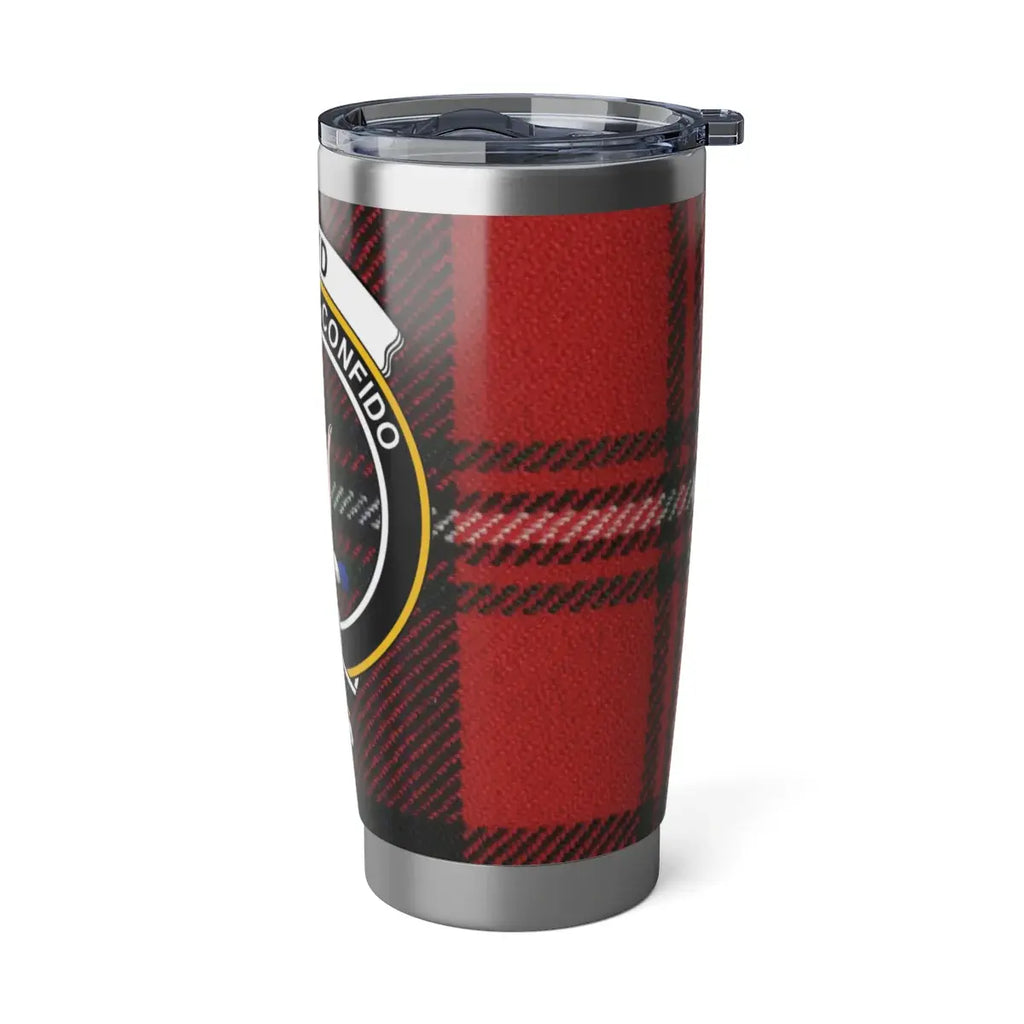 Boyd heritage tumbler flat lay — 20oz silver showing full clan crest and tartan design detail