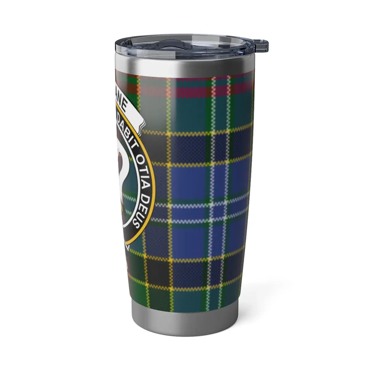 Clan Crest Tumbler with Blue and Green Plaid Design