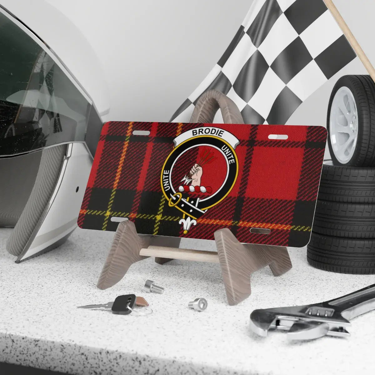 Clan Brodie red tartan crest license plate — 100% aluminium, 12x6 inch