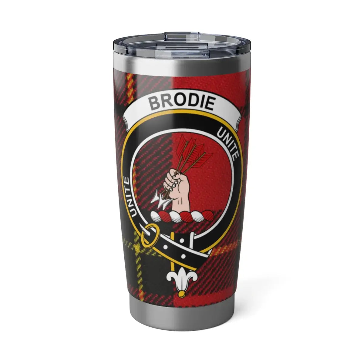 Clan Brodie Unite crest tartan tumbler — 20oz silver stainless steel, front view