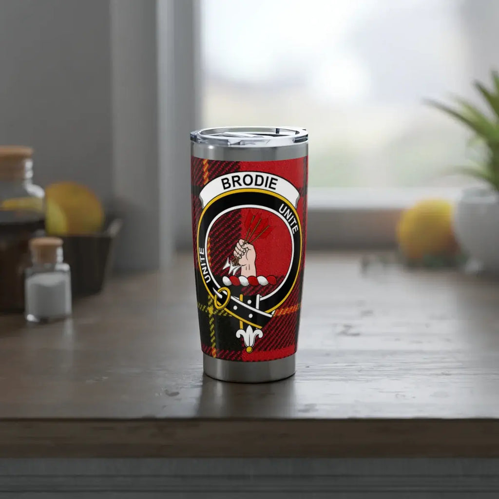 Brodie clan crest insulated tumbler — double-wall steel, spill-resistant lid