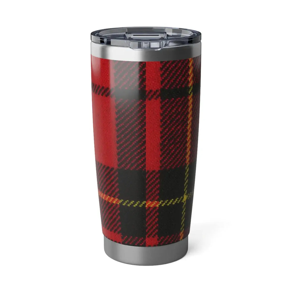 Clan Brodie tartan tumbler — red and black plaid crest, desk lifestyle view