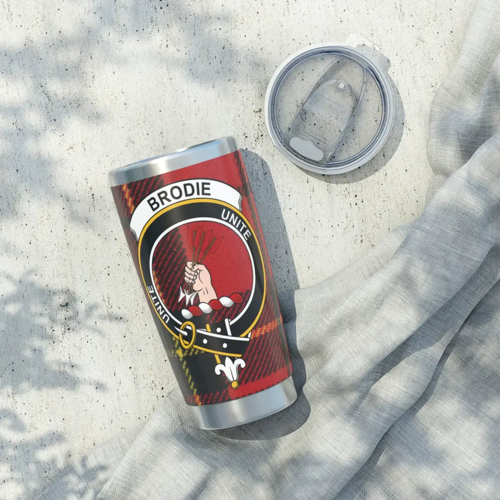 Clan Brodie crest tumbler — silver finish, Scottish heritage design detail
