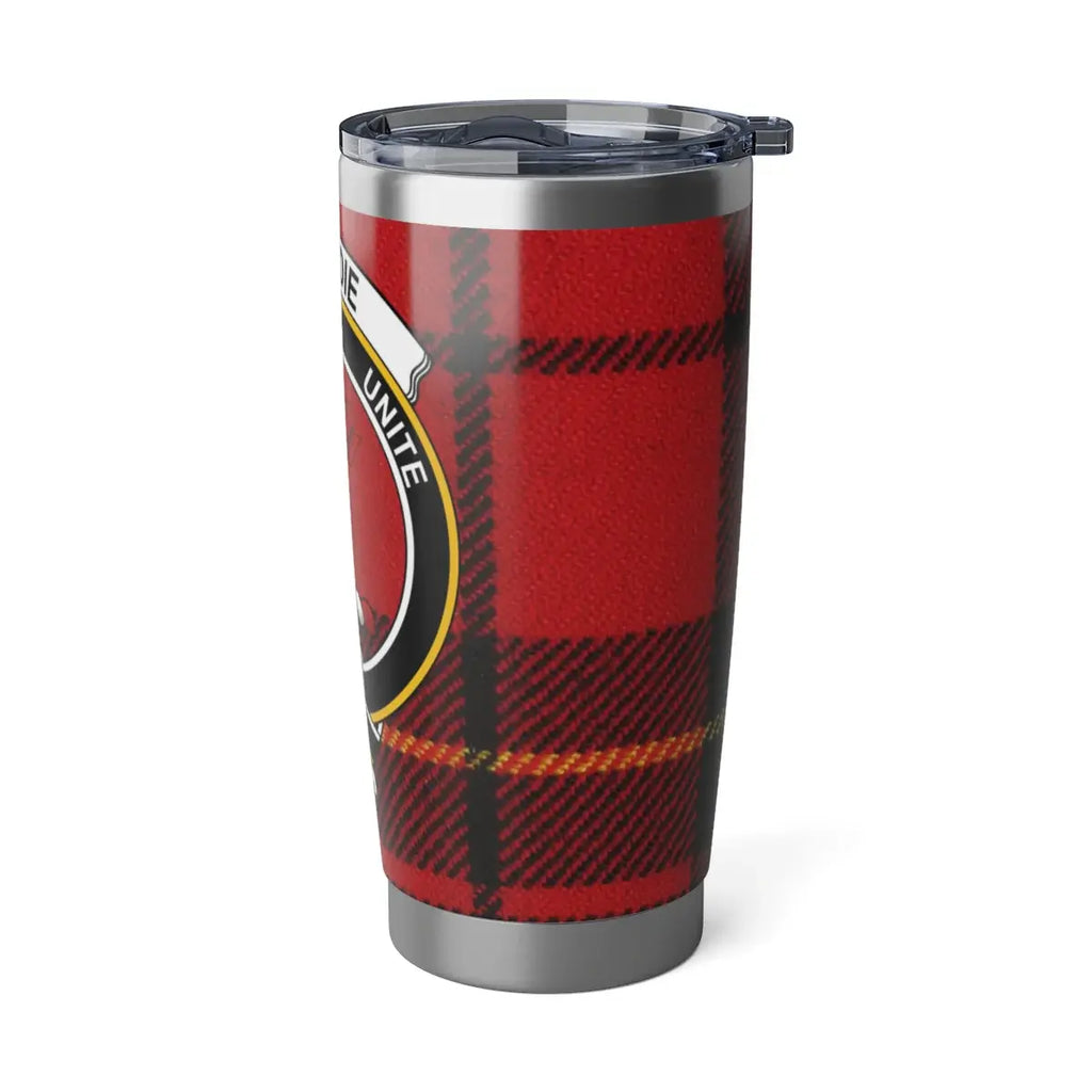 Brodie clan tartan insulated travel mug — 20oz stainless, open lid view