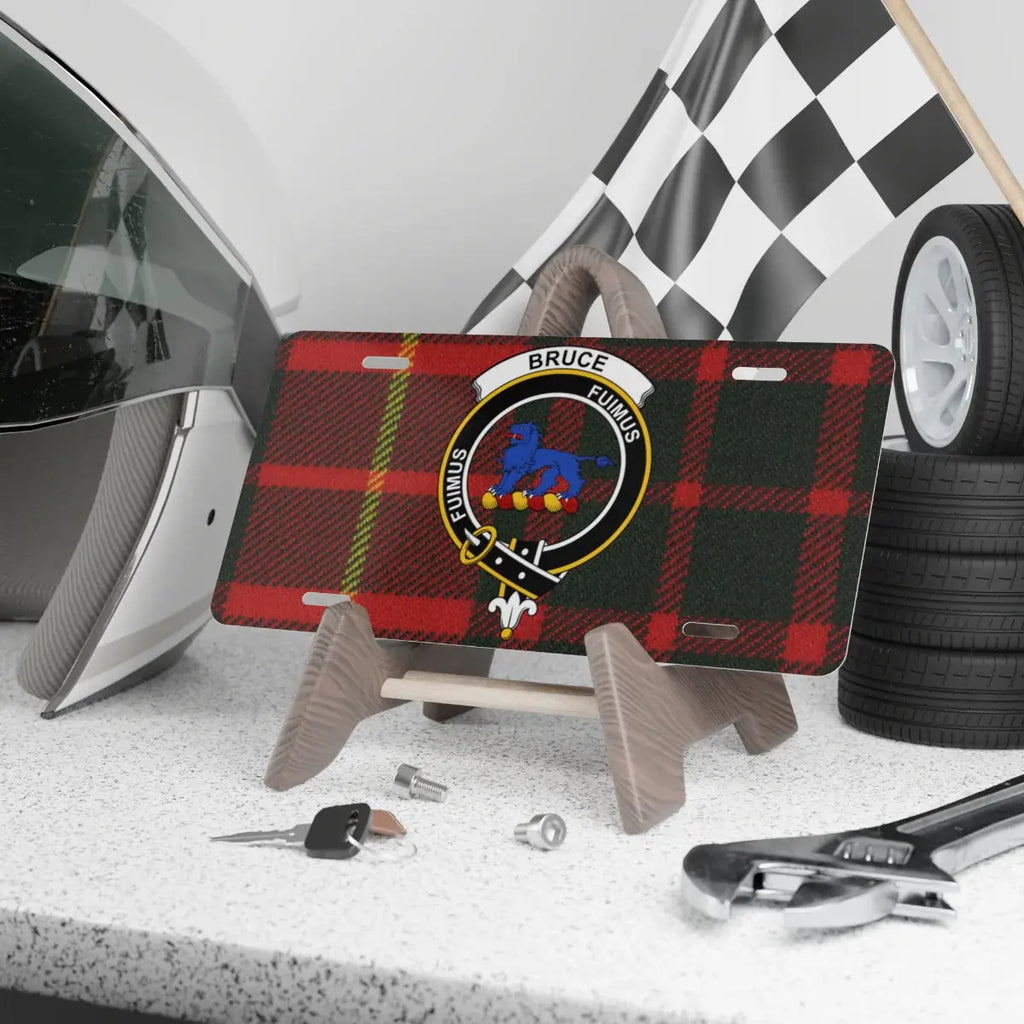 Bruce clan crest novelty license plate — 12x6 aluminium with red-yellow tartan and blue lion