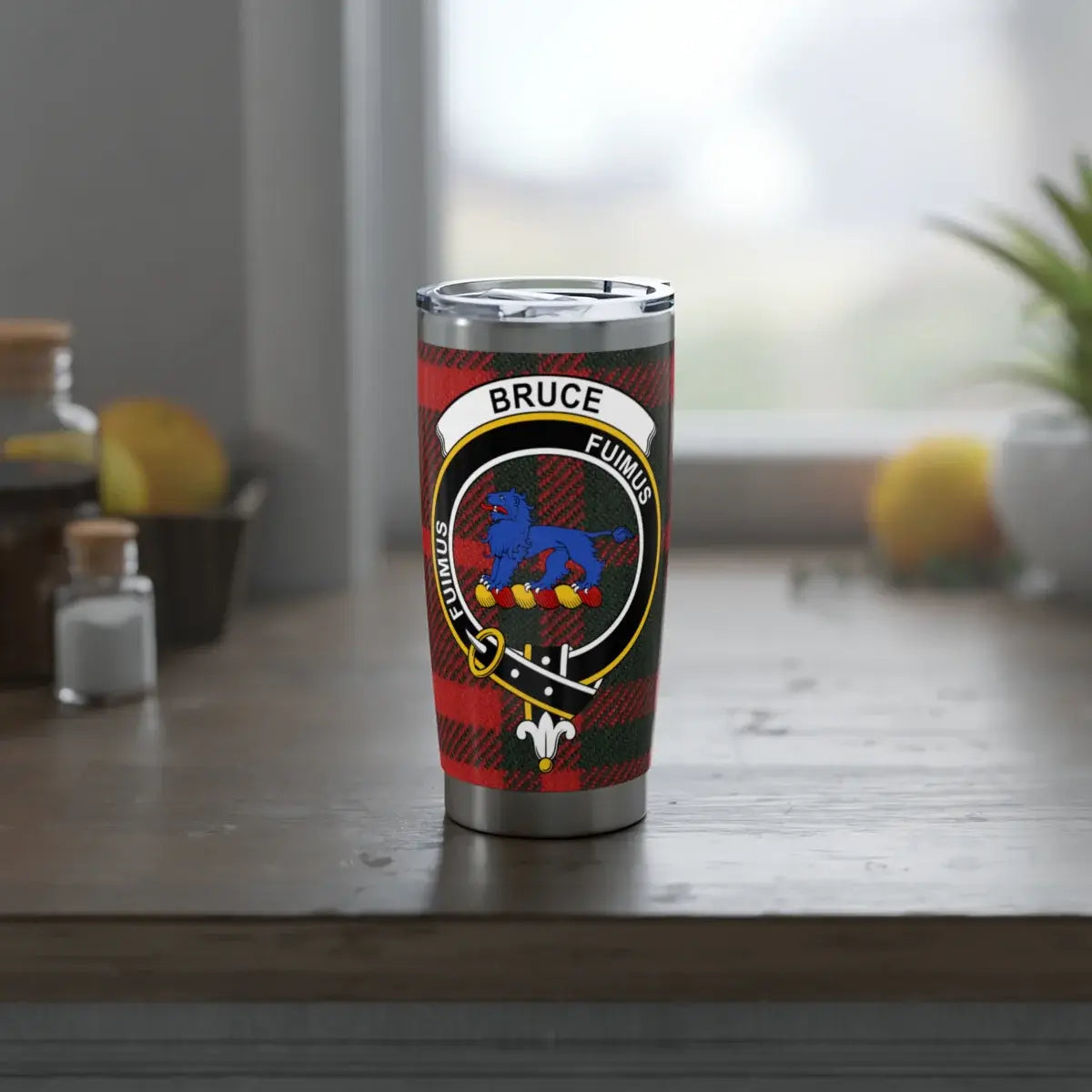 Bruce tartan tumbler top view — 20oz double-wall insulated steel, sliding lid seal