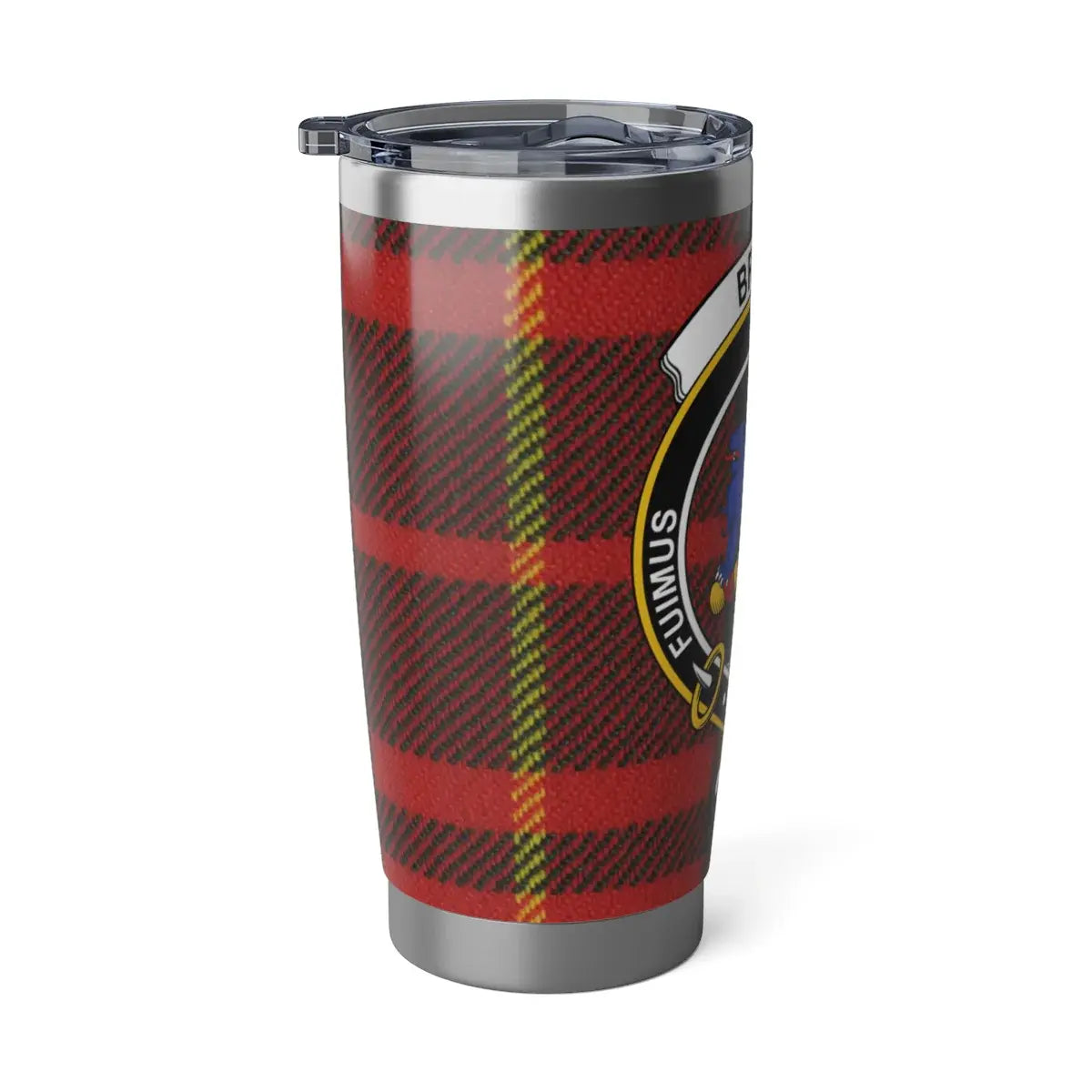 Bruce Fuimus tartan tumbler side profile — 20oz silver stainless steel, heraldic crest wrap