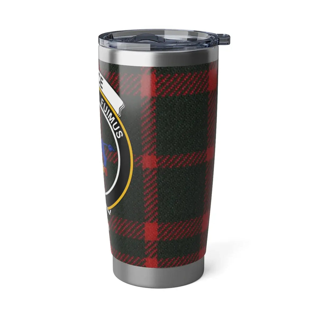 Bruce heritage tumbler flat lay — 20oz silver showing full clan crest and red-yellow tartan