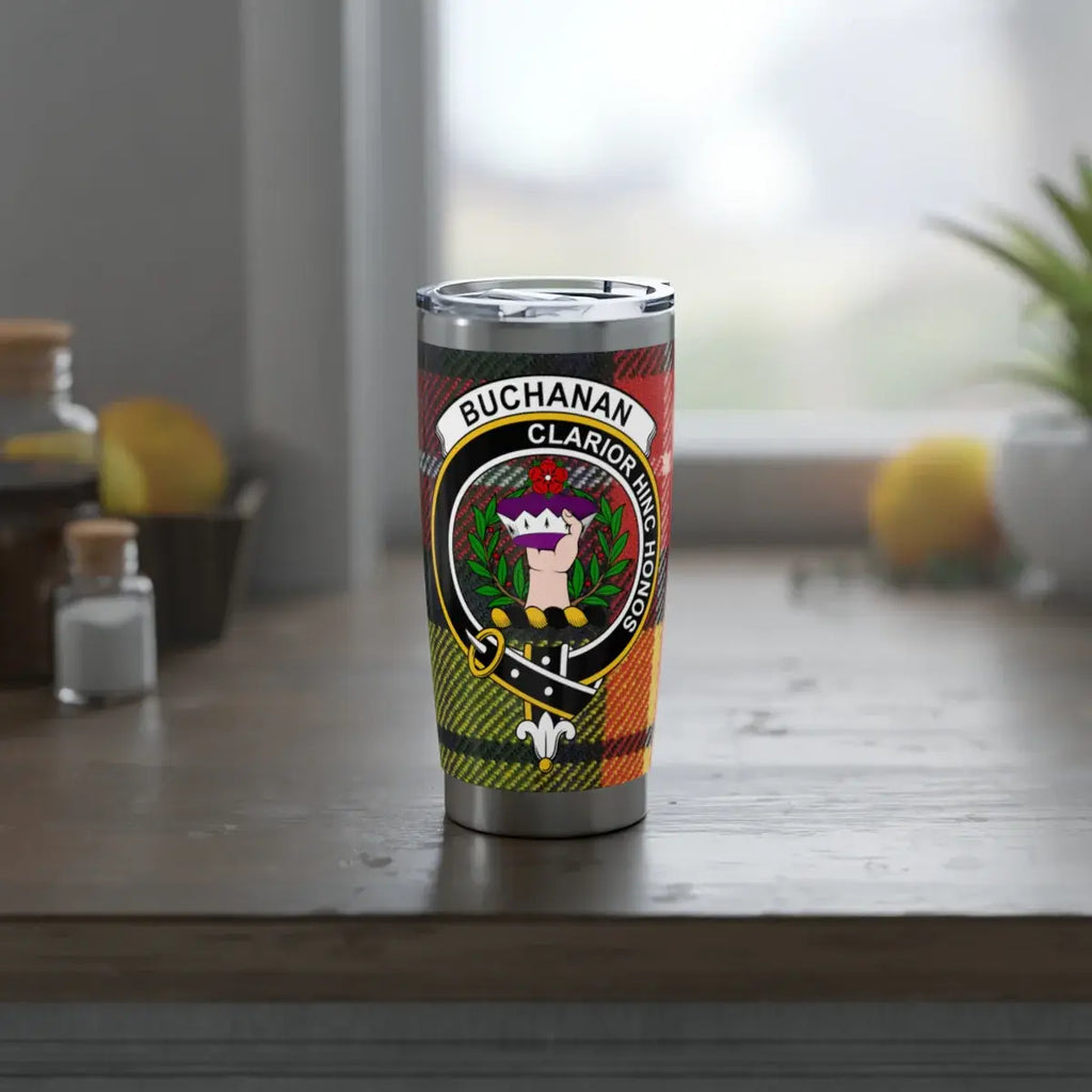Buchanan clan tartan travel tumbler — double-wall insulated, hot and cold drinks
