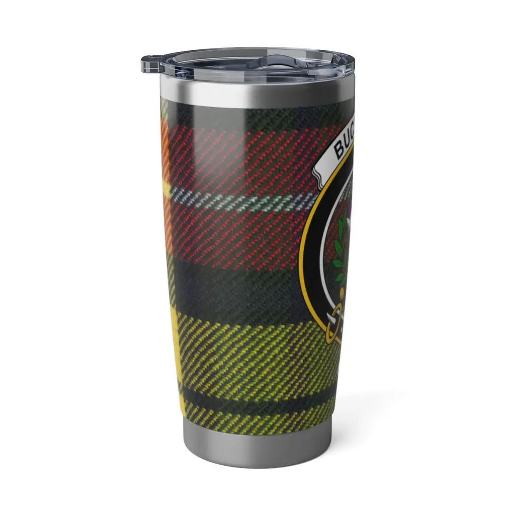 Buchanan clan crest tartan tumbler — secure lid, fits car cup holder