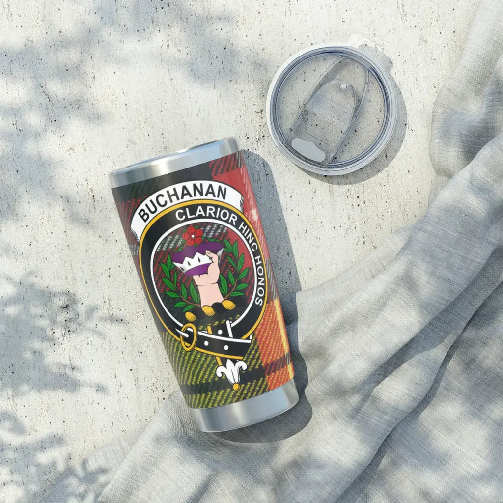 Clan Buchanan tartan travel tumbler with crest emblem — 20 oz, side view
