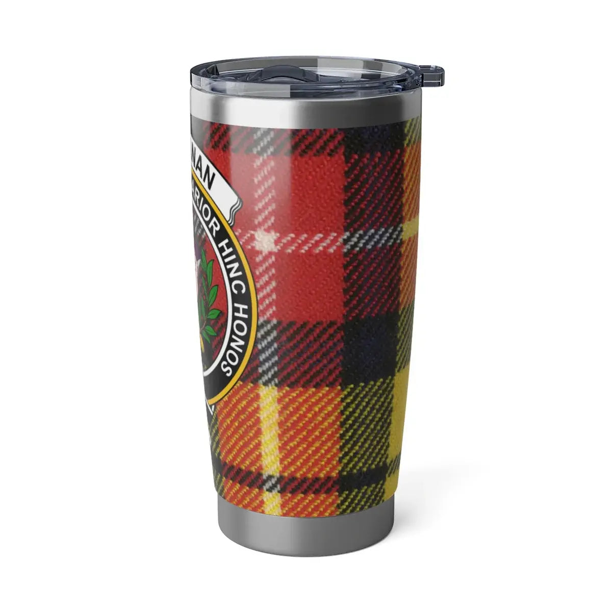 Buchanan clan crest tartan plaid pattern insulated tumbler — lifestyle view