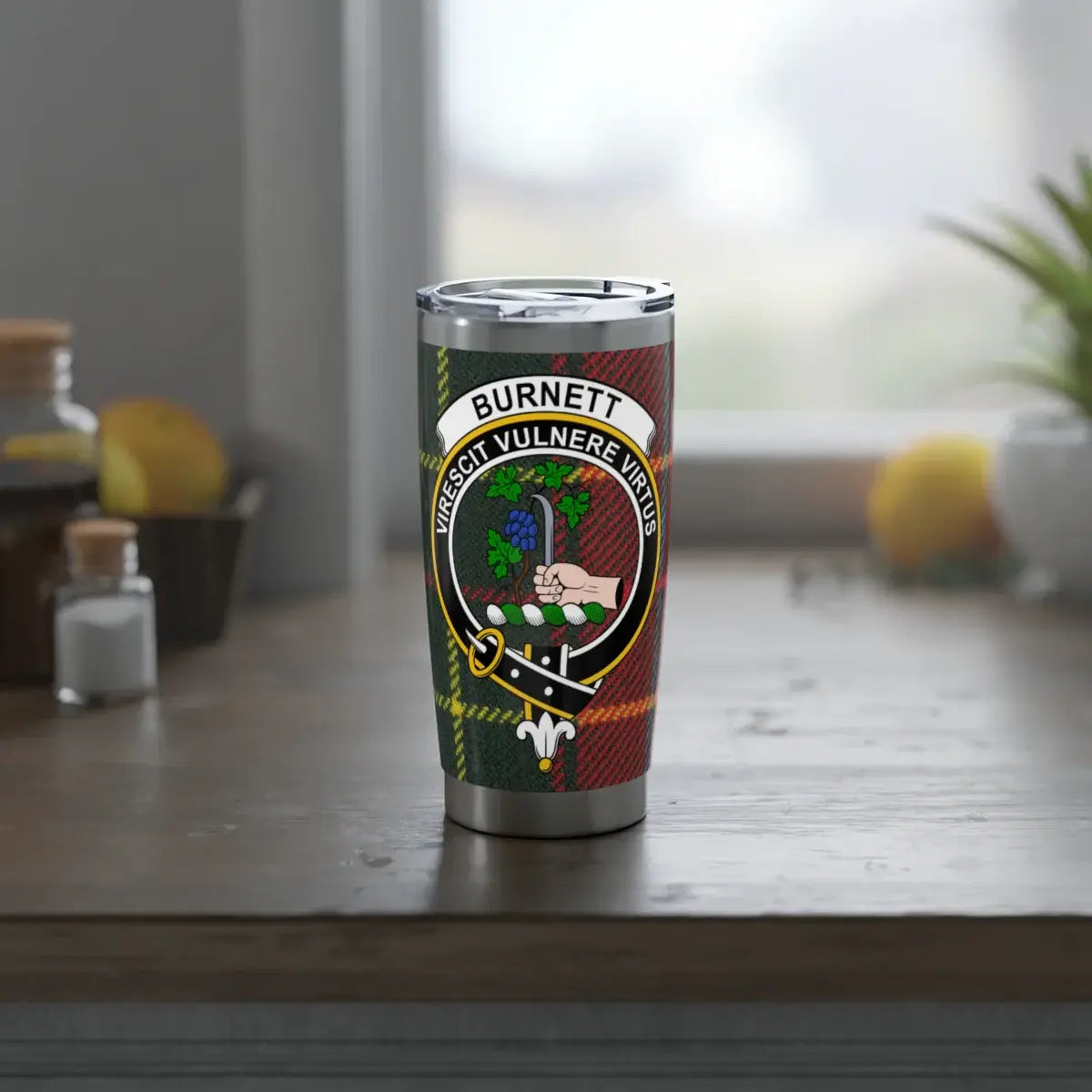 Burnett clan crest tartan tumbler — double-wall insulated, hot and cold drinks