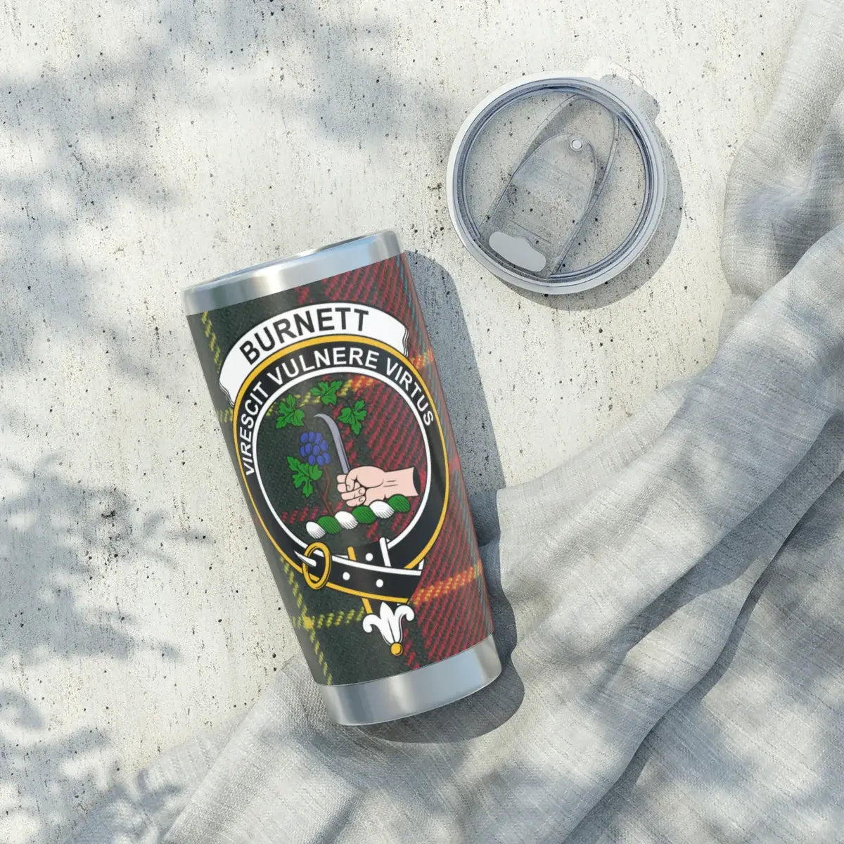Clan Burnett family crest tumbler — secure lid, full colour seal design