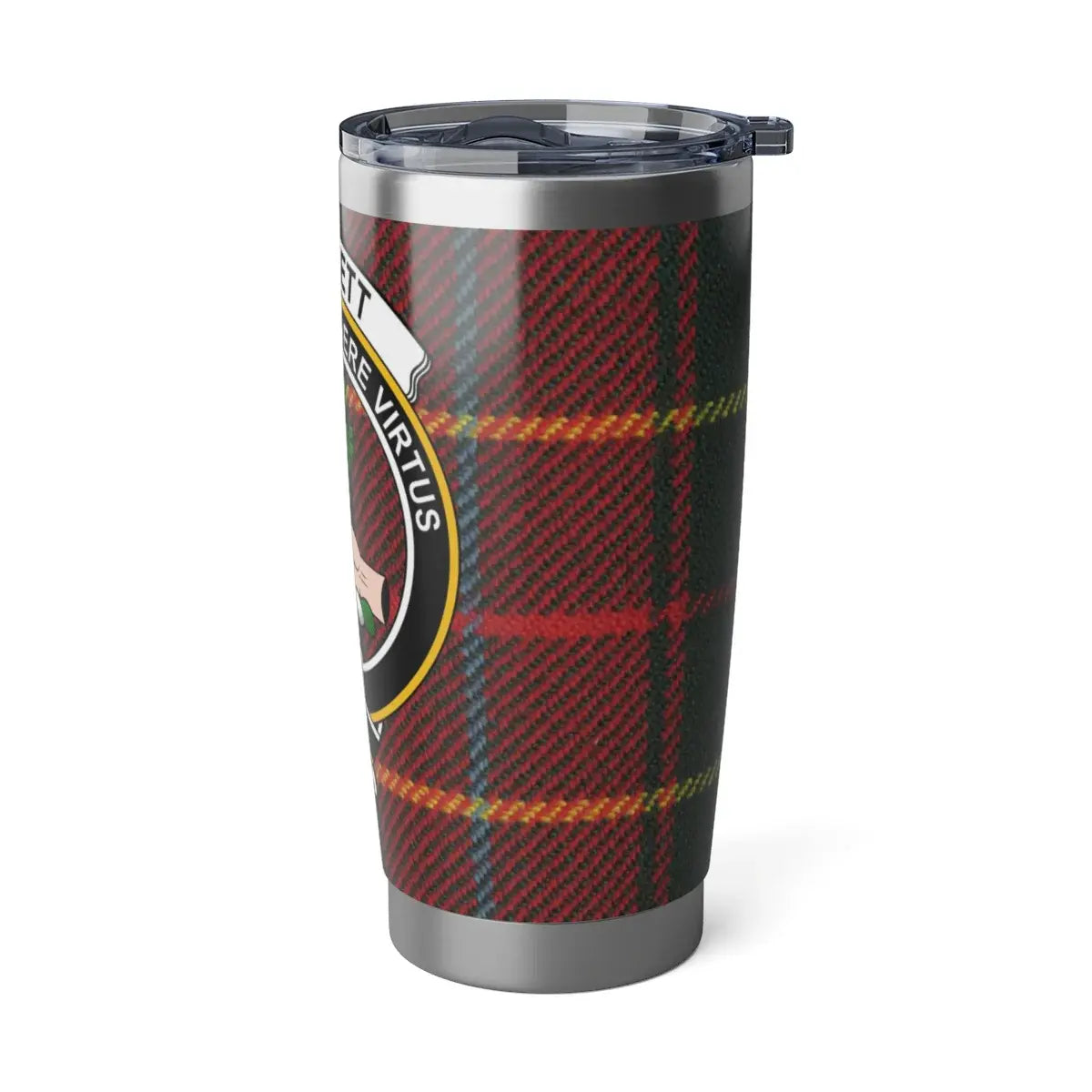 Burnett clan crest tartan stainless steel tumbler — lifestyle view