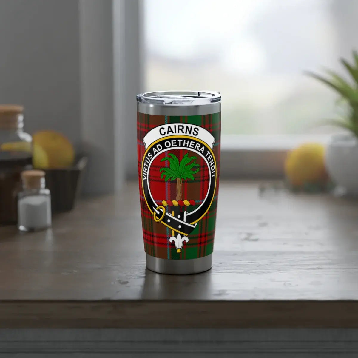 Cairns Tartan Clan Crest Travel Mug Beverage Container