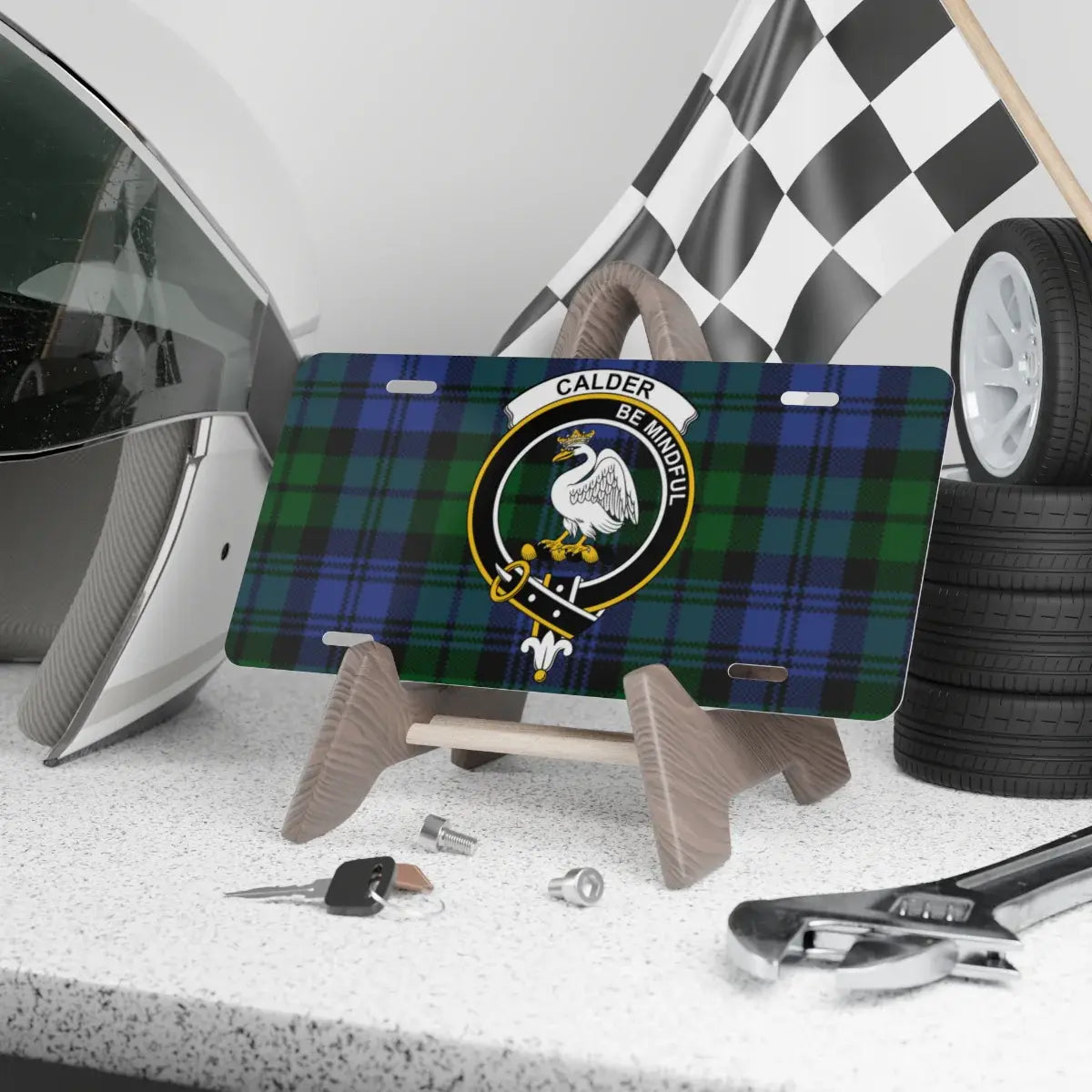 Clan Calder be mindful swan crest tartan license plate — 100% aluminium, 12x6 inch