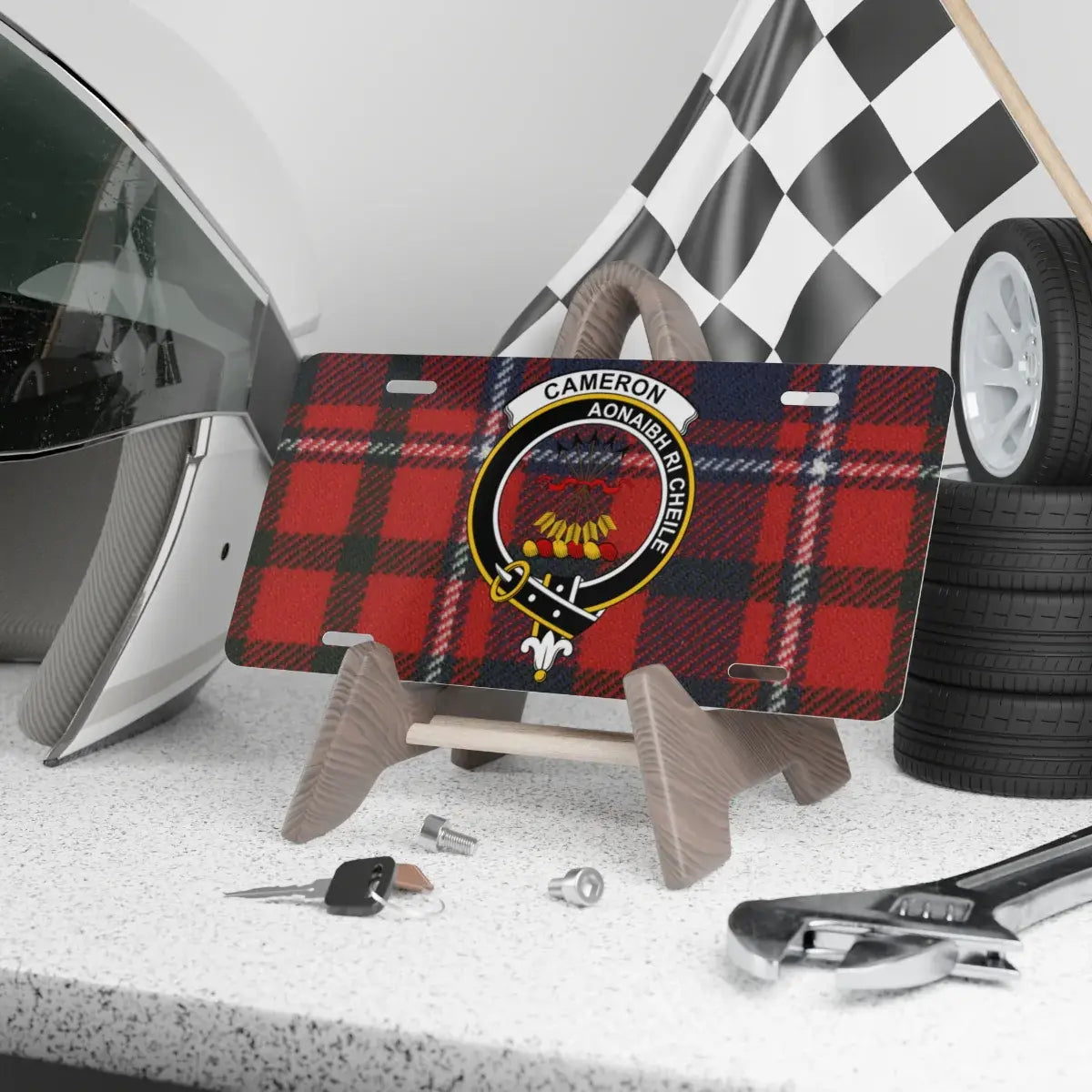 Cameron clan crest novelty license plate — 12x6 aluminium with red tartan and Aonaibh Ri Chéile design