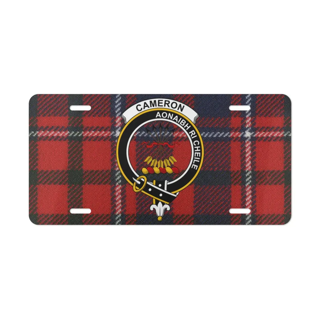 Cameron clan crest novelty plate — red plaid heraldic design with Unite motto on aluminium