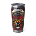 Cameron clan tartan 20oz tumbler in silver — stainless steel with red crest and Aonaibh Ri Chéile