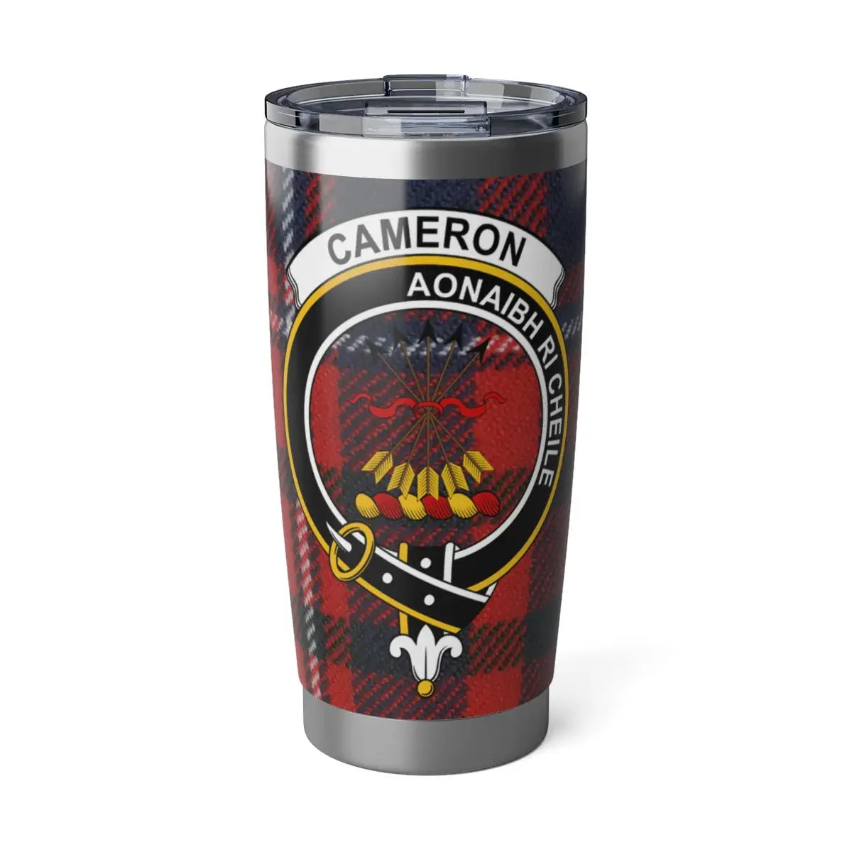 Cameron clan tartan 20oz tumbler in silver — stainless steel with red crest and Aonaibh Ri Chéile