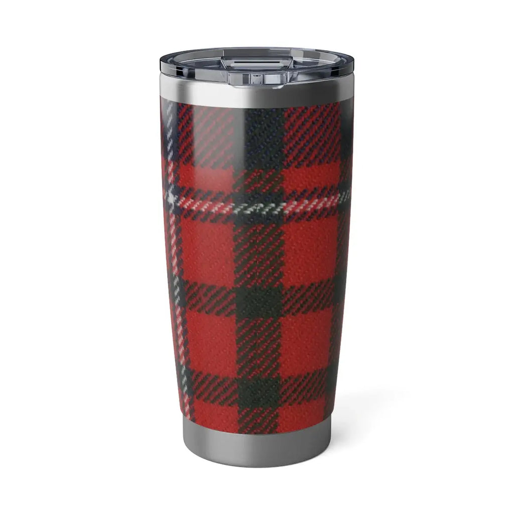 Cameron clan crest tumbler in hand — red tartan wrap on 20oz insulated stainless steel