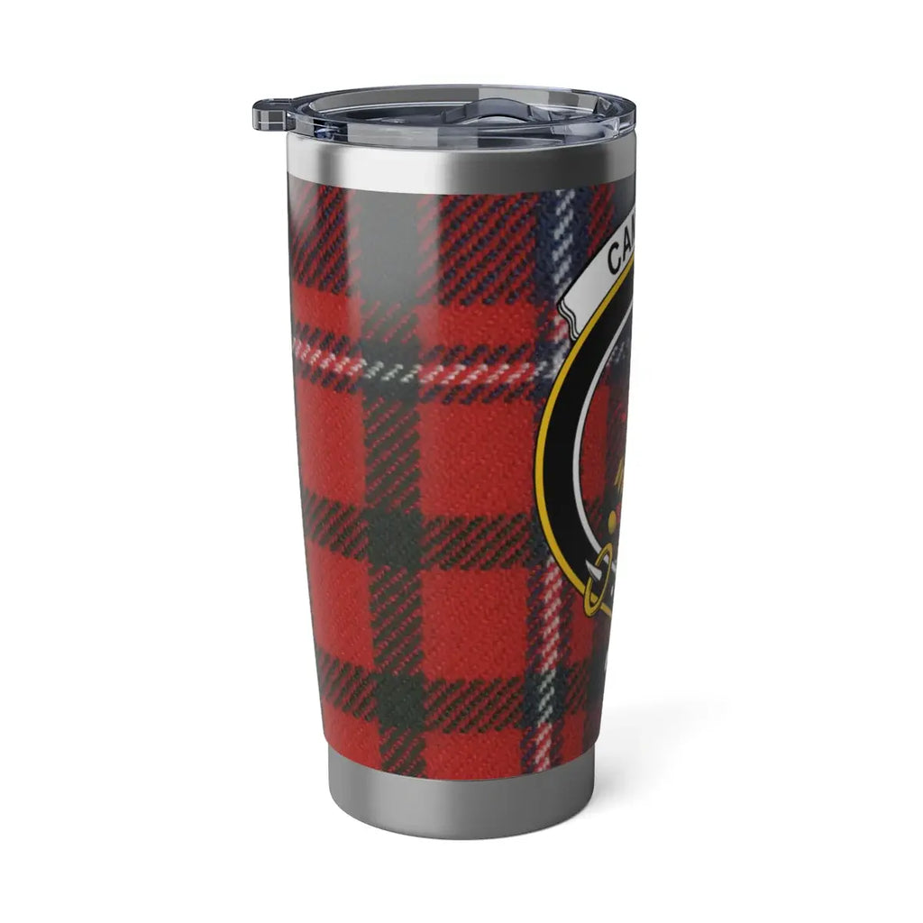 Cameron tartan travel tumbler — red plaid clan crest, double-wall insulated 20oz
