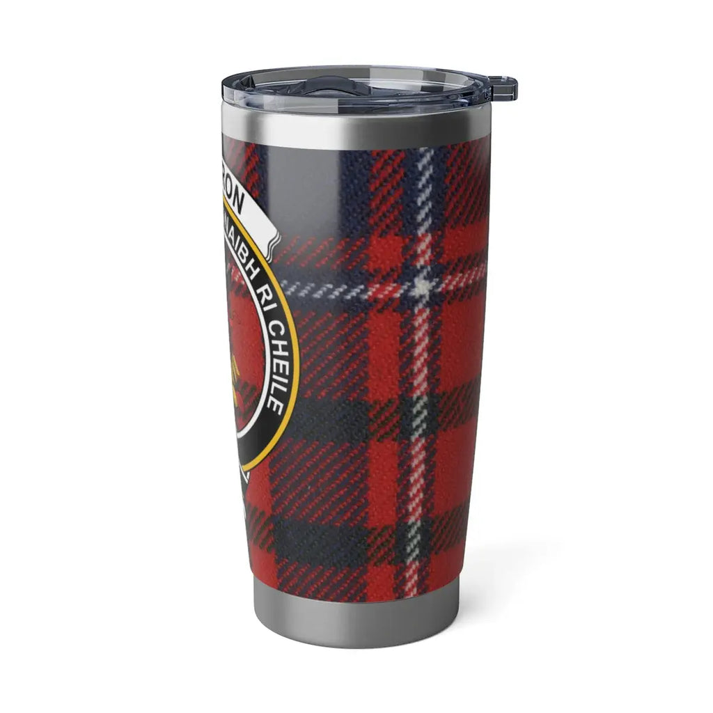 Cameron clan tartan tumbler flat lay — 20oz silver showing full red crest and plaid detail
