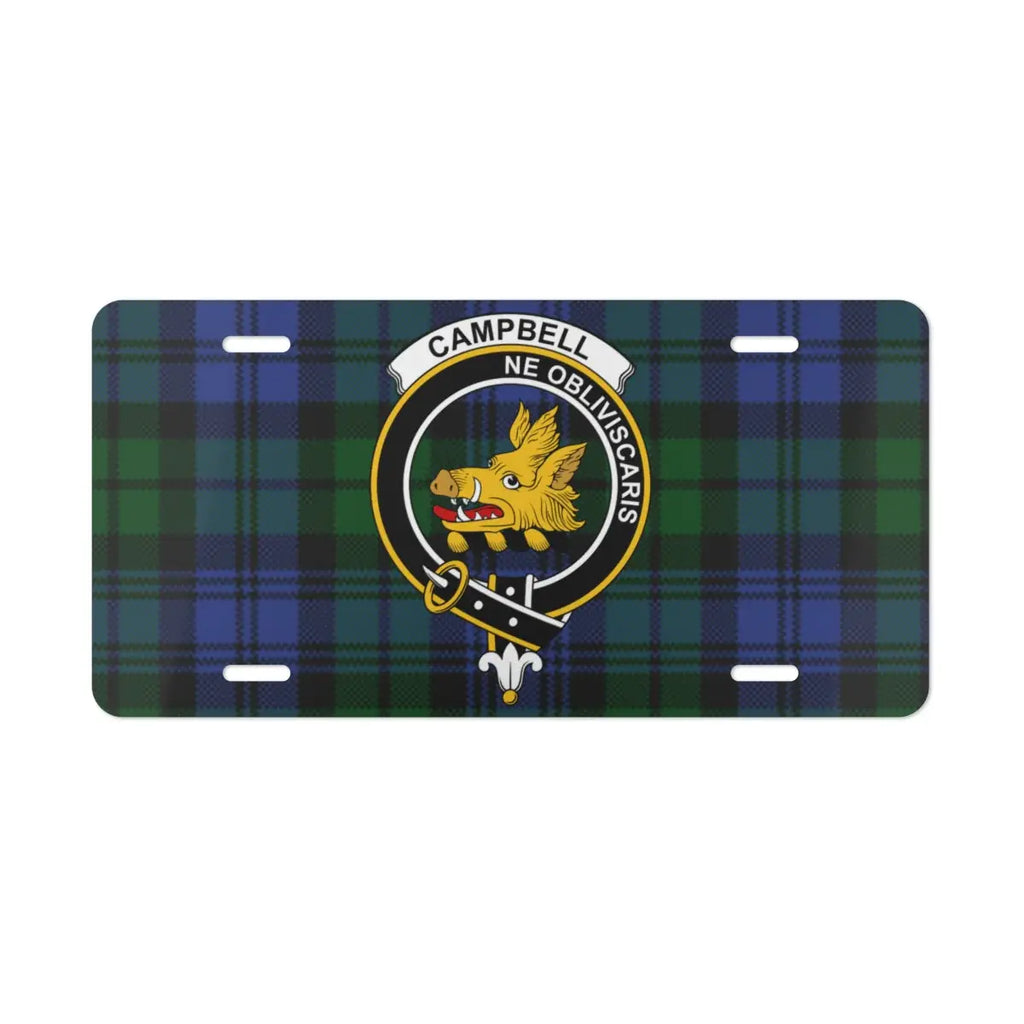 Campbell clan tartan novelty plate close-up — 12x6 pre-drilled aluminium, boar's head crest