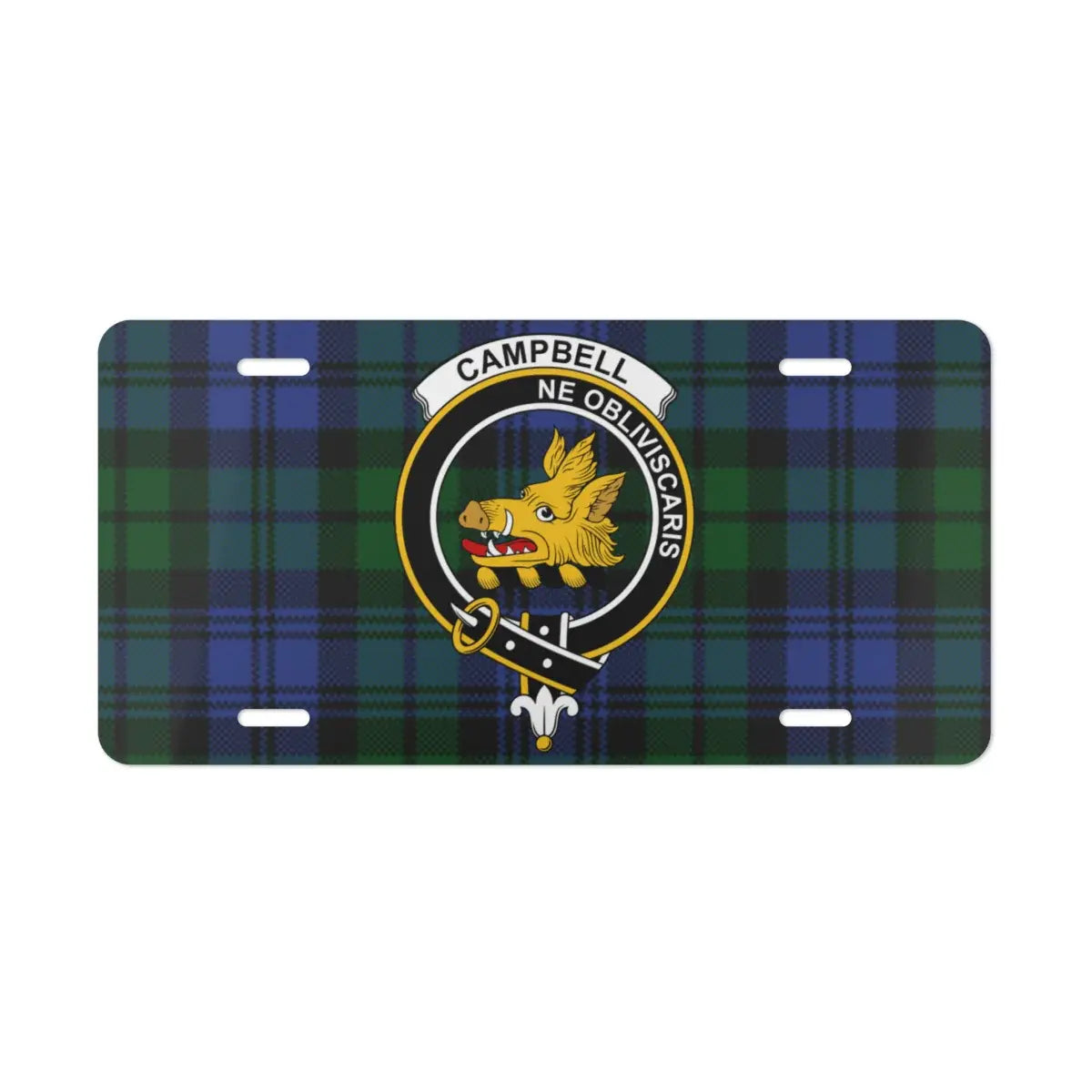 Campbell clan tartan novelty plate close-up — 12x6 pre-drilled aluminium, boar's head crest