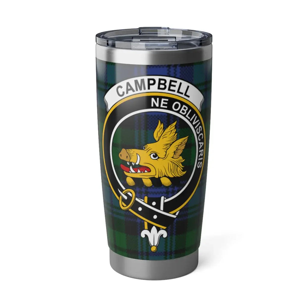 Clan Campbell tartan tumbler — 20oz insulated stainless steel with boar's head crest print