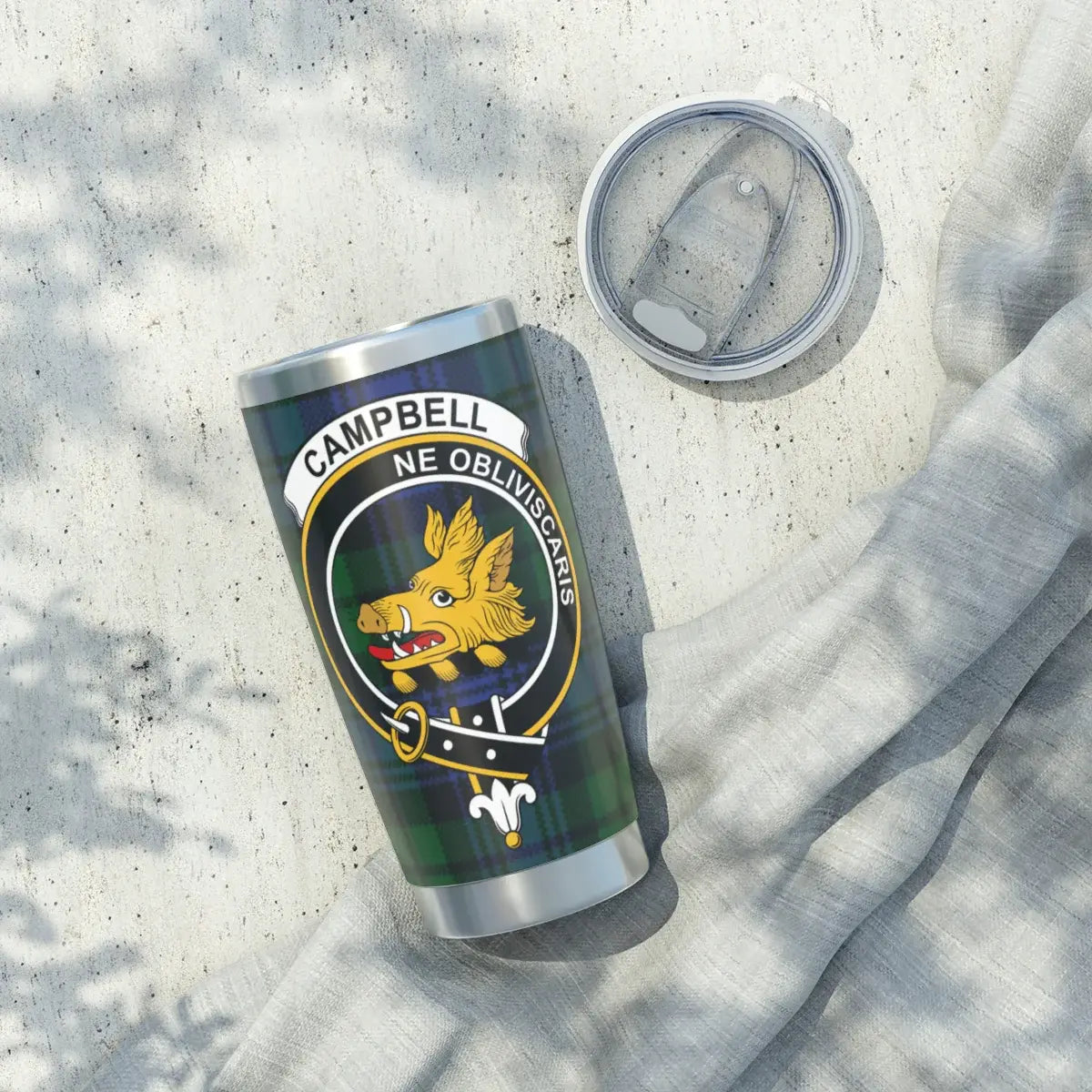 Campbell Ne Obliviscaris 20oz tumbler — dark green and black plaid crest, silver finish