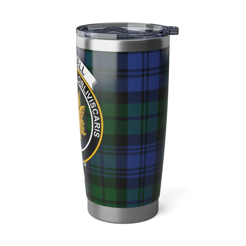 Clan Campbell tartan tumbler product spec — 6.70H x 3.40D, insulated, hand wash only