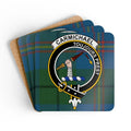 Clan Carmichael toujours prest tartan coaster set — glossy cork, 3.75 inch square