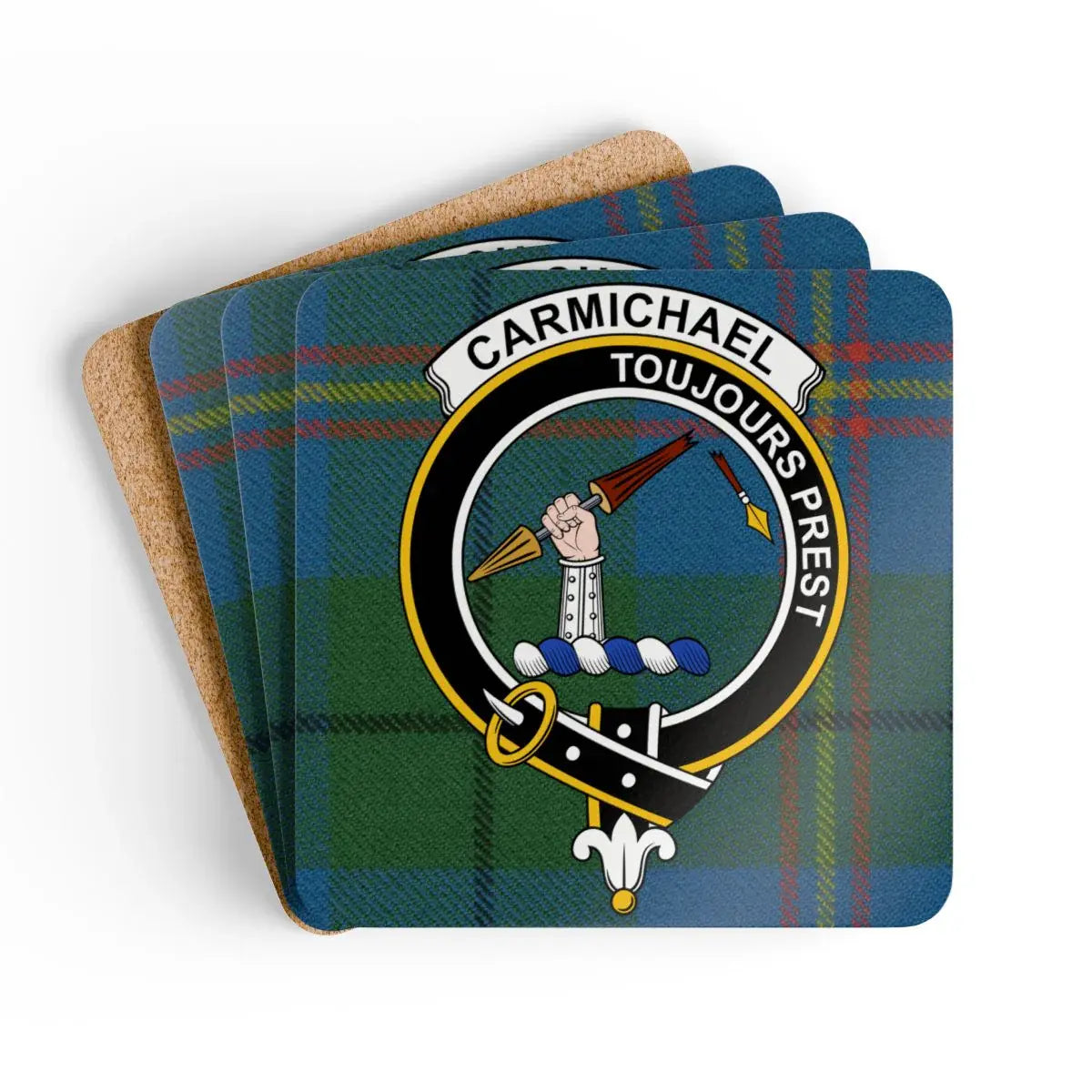 Clan Carmichael toujours prest tartan coaster set — glossy cork, 3.75 inch square