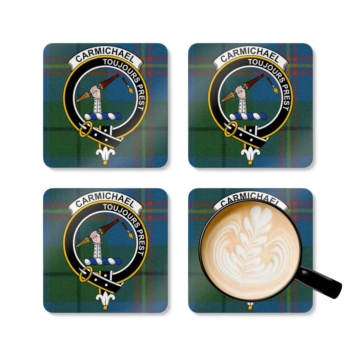 Carmichael clan crest family coaster set — natural cork base, set view