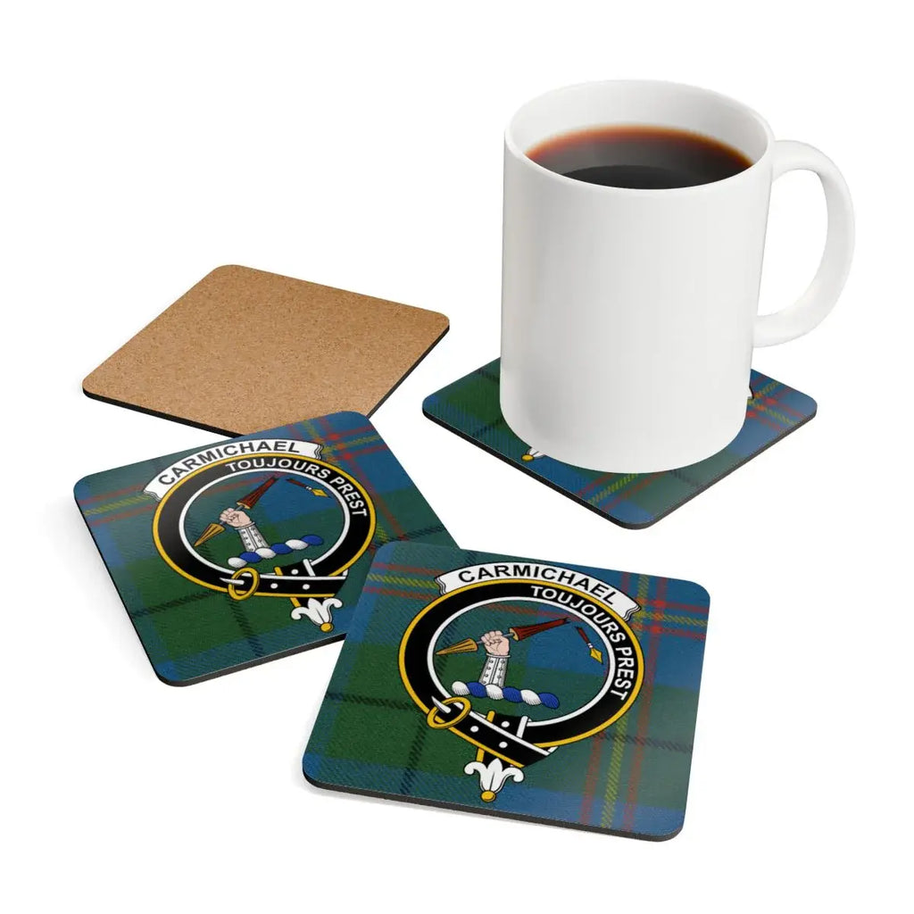 Clan Carmichael toujours prest tartan drink coaster — single detail view