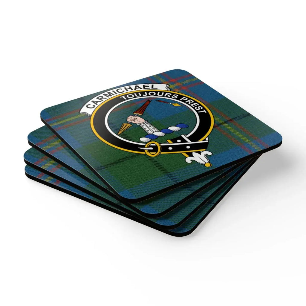 Carmichael clan tartan coasters — four coasters on table