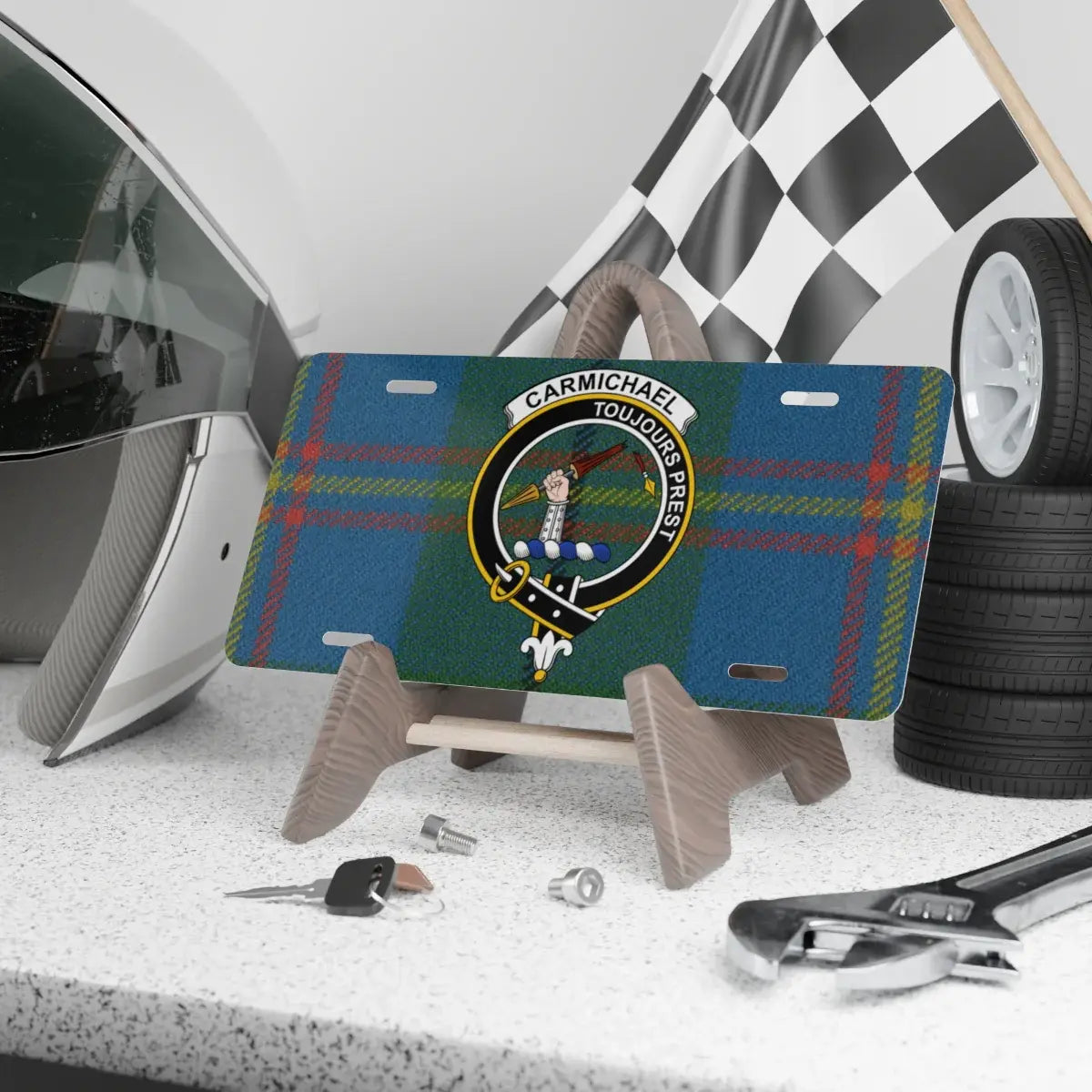 Clan Carmichael toujours prest tartan crest license plate — 100% aluminium, 12x6 inch